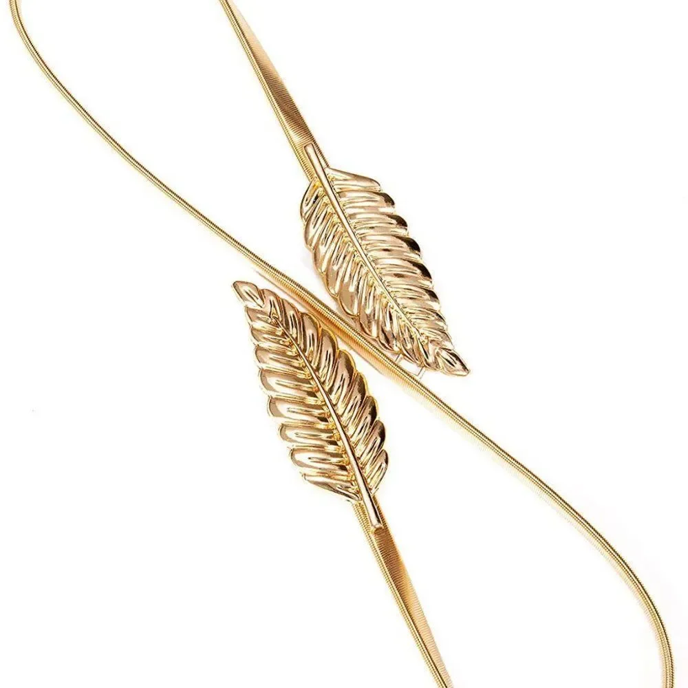 🍃 Leaf Buckle Stretchy Elastic Gold/Silver Metal Dress Belt SIZE XS – XXL NEW